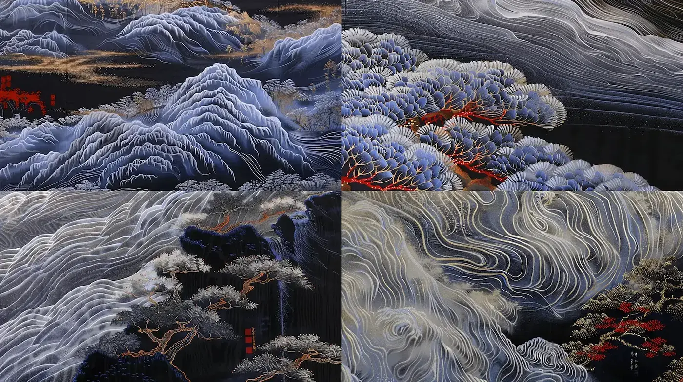 Contemporary Japanese Landscape Art with Abstract Elements and Distinctive Textures - Midjourney sref style