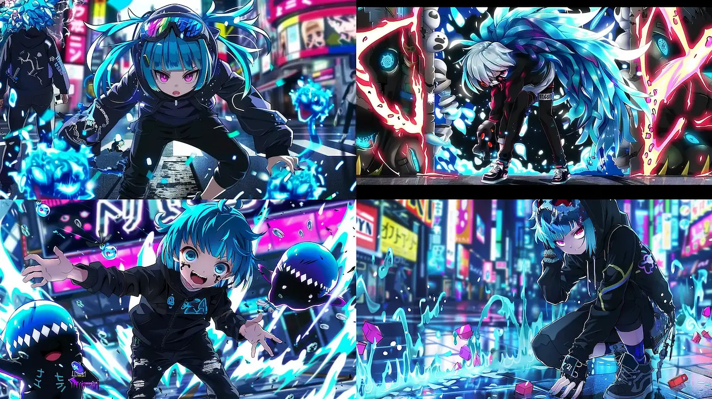 Vibrant and dynamic anime-inspired street scenes with cyberpunk elements - Midjourney sref style