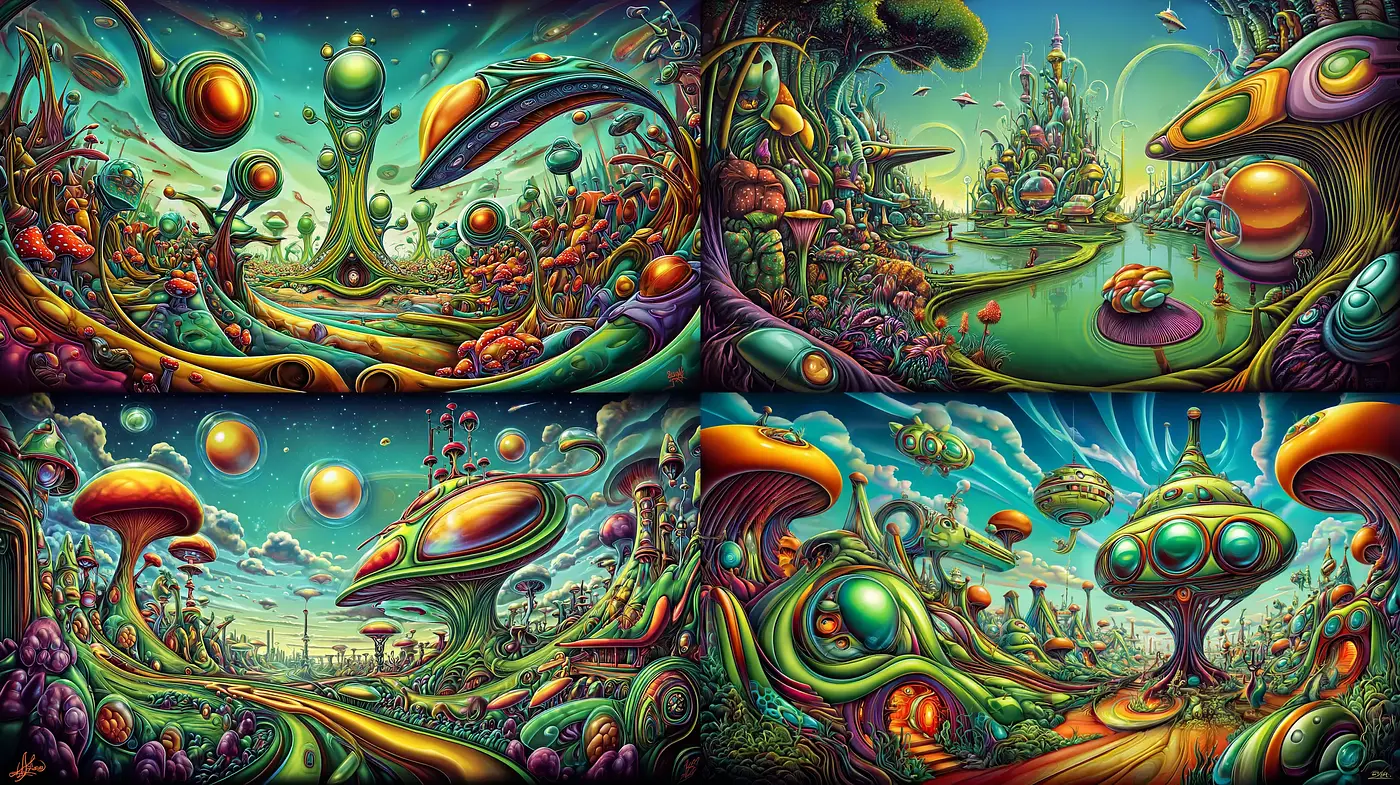 Vibrant Surreal Landscape with Futuristic Elements - Midjourney sref style