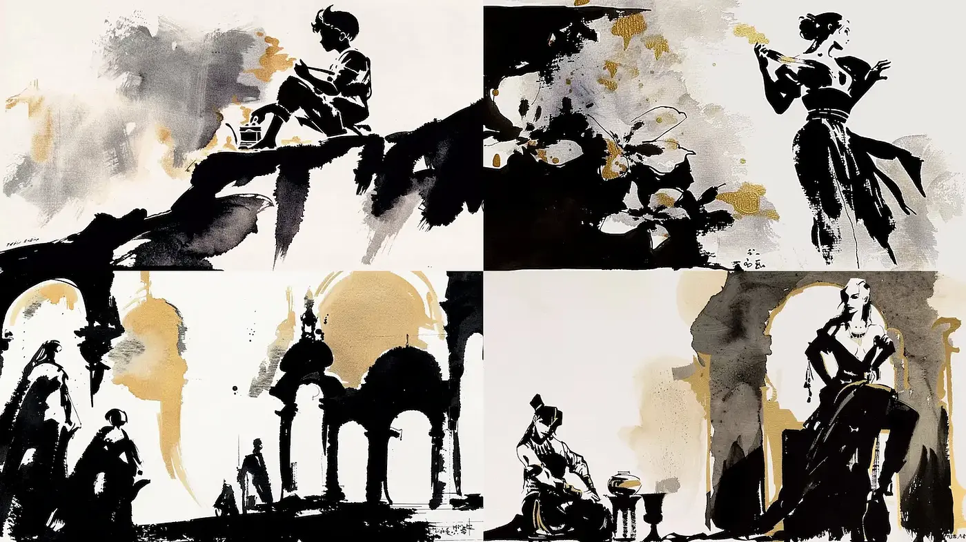 Elegant and expressive monochrome compositions with golden accents - Midjourney sref style