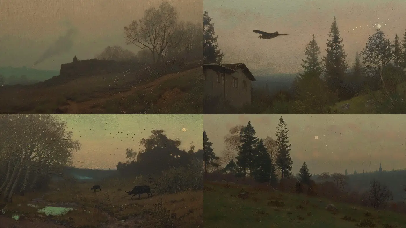 Twilight Pastoral Scenes with a Rustic Serenity - Midjourney sref style