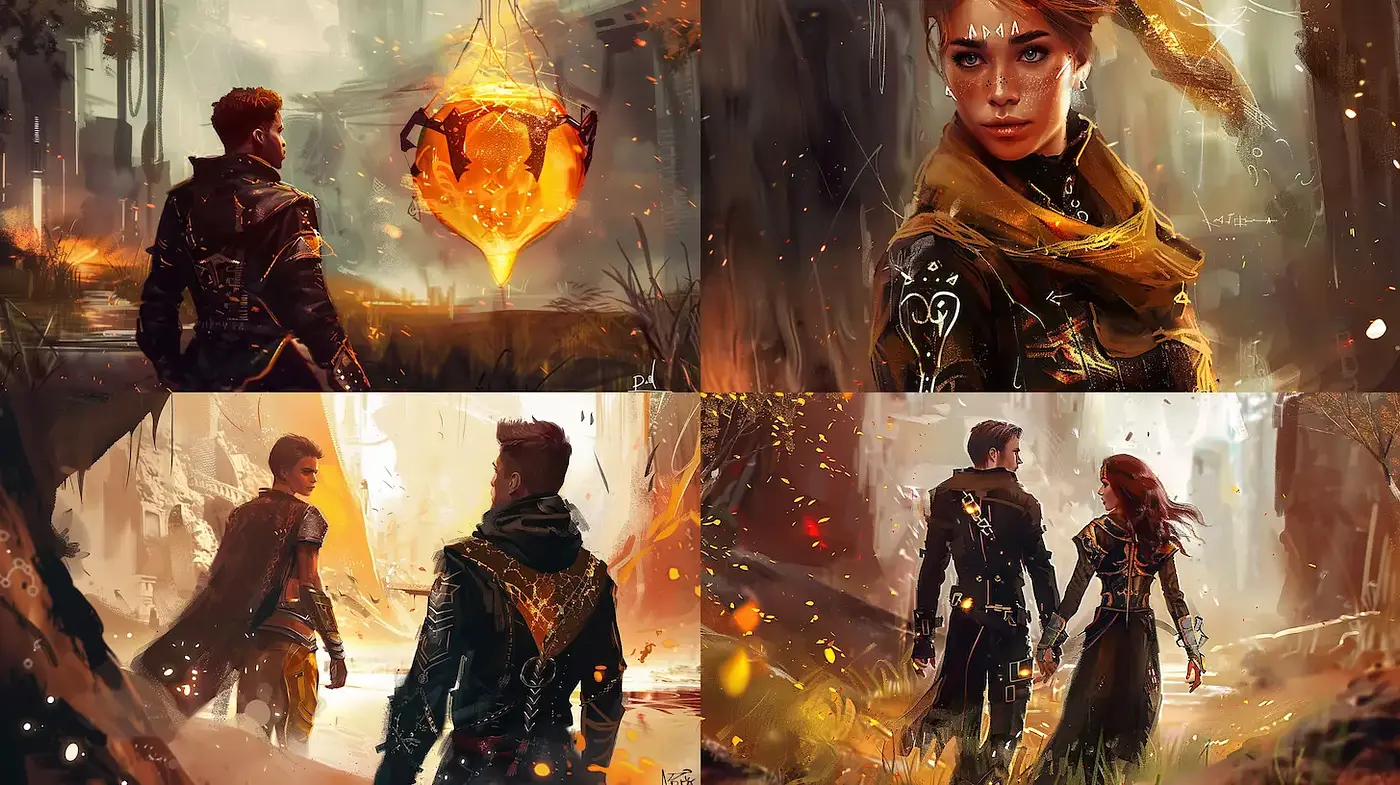 Dynamic fantasy artwork with intricate character designs and atmospheric storytelling - Midjourney sref style