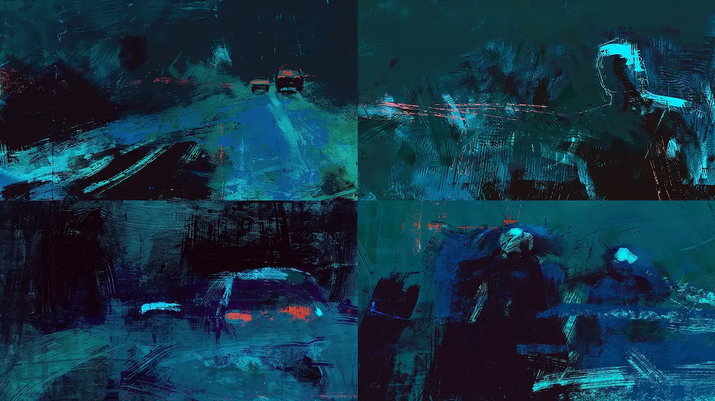 Dark and Abstract Expressions of Movement and Emotion - Midjourney sref style