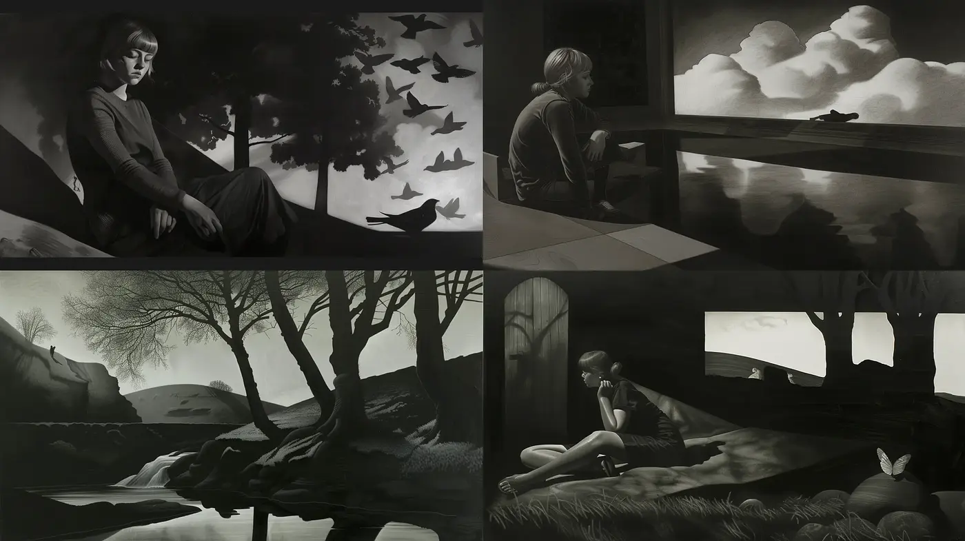 Monochromatic Dreamscape: A Noir-Inspired Pensive Reflection - Midjourney sref style