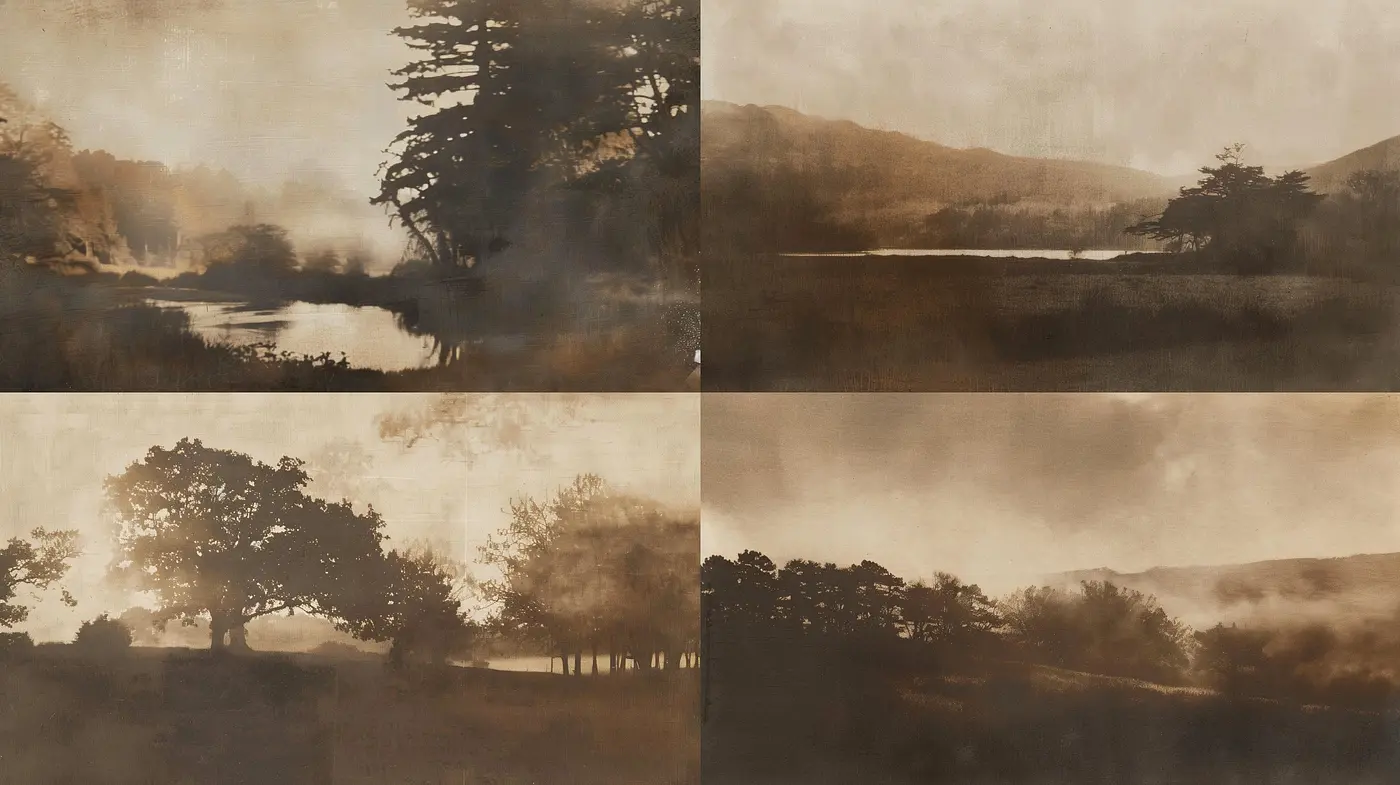 Ethereal Sepia Mists: A Consistent Exploration of Monochromatic Landscapes - Midjourney sref style