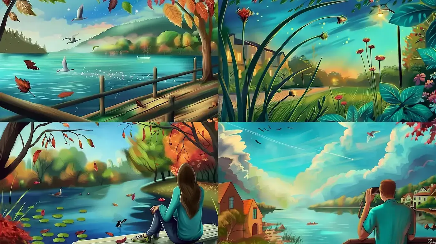 Vibrant and Serene Natural Landscapes with a Touch of Whimsy - Midjourney sref style
