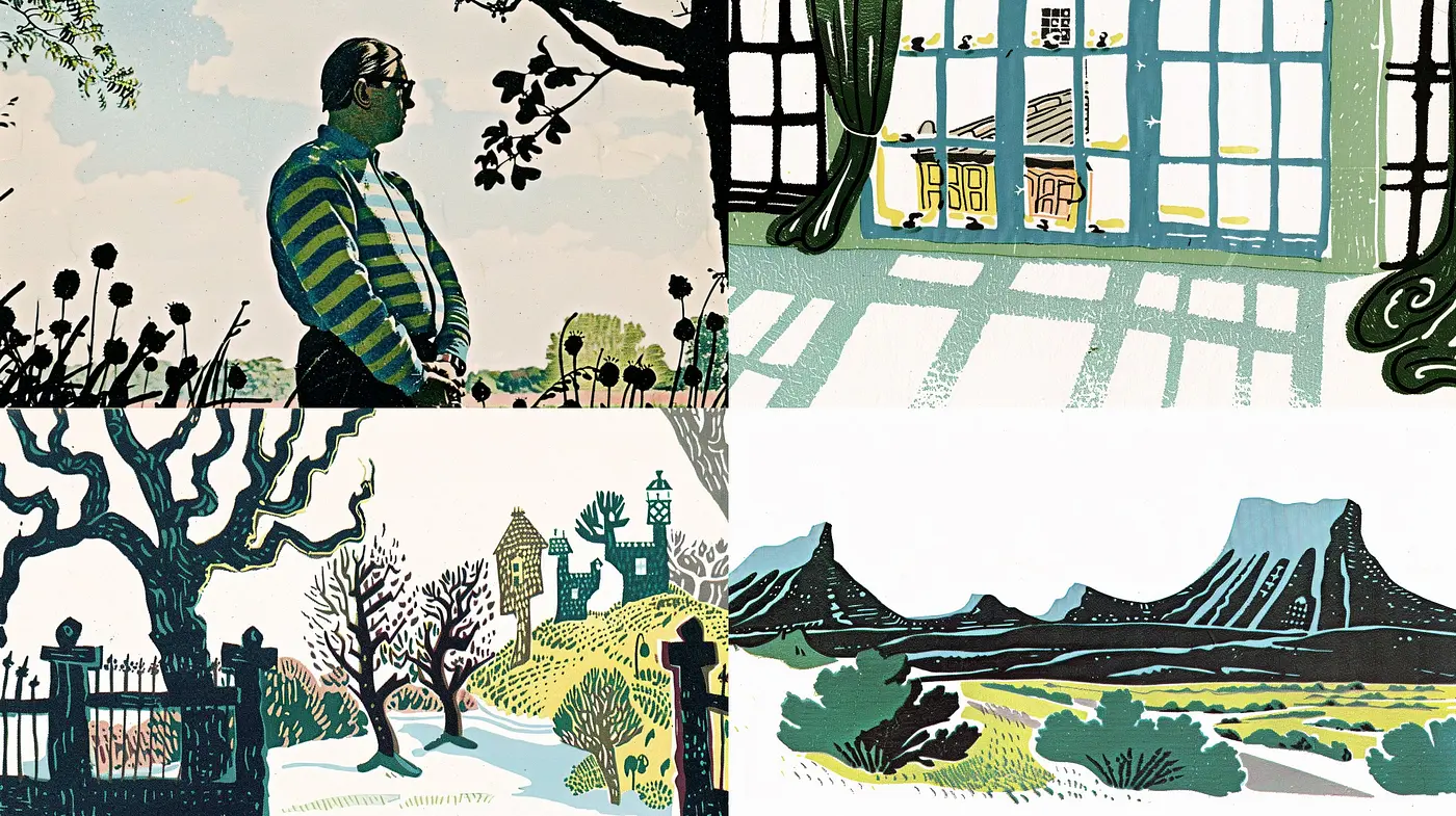 Mid-Century Modern Graphic Novel Fusion with Pastoral and Maritime Essence - Midjourney sref style