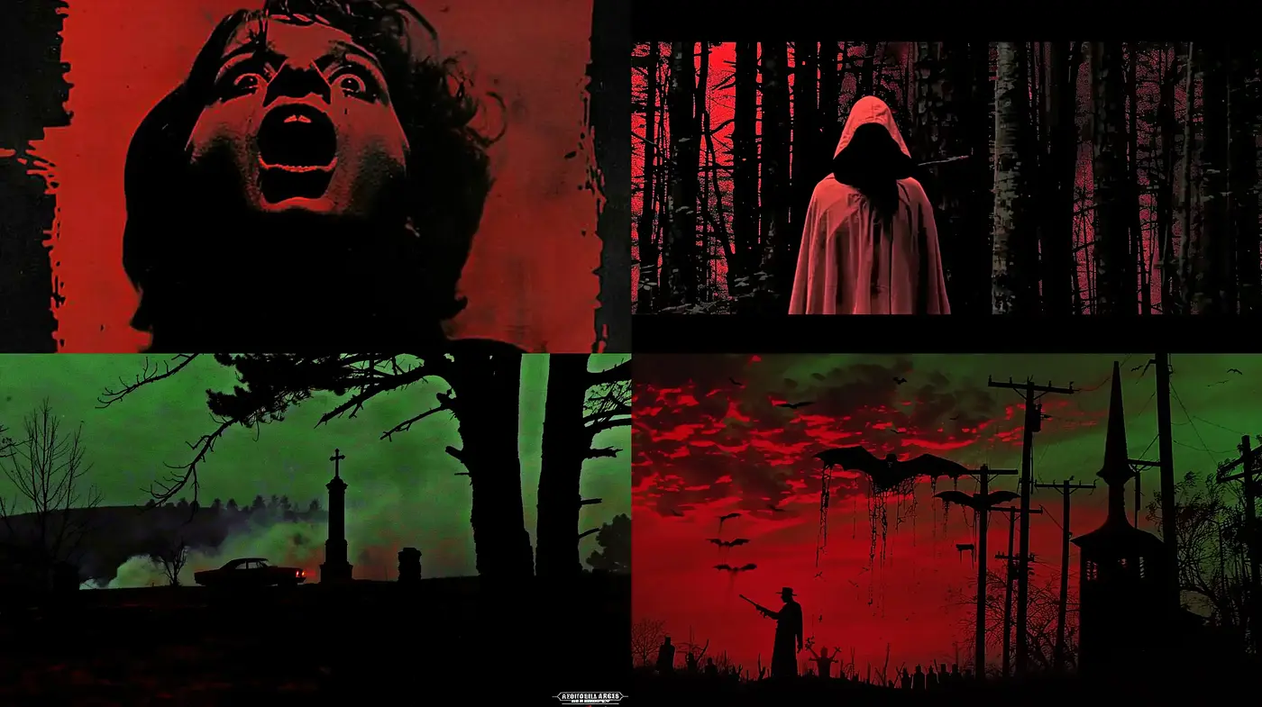 Eerie Red Twilight: A Homage to Cinematic Suspense and Horror - Midjourney sref style