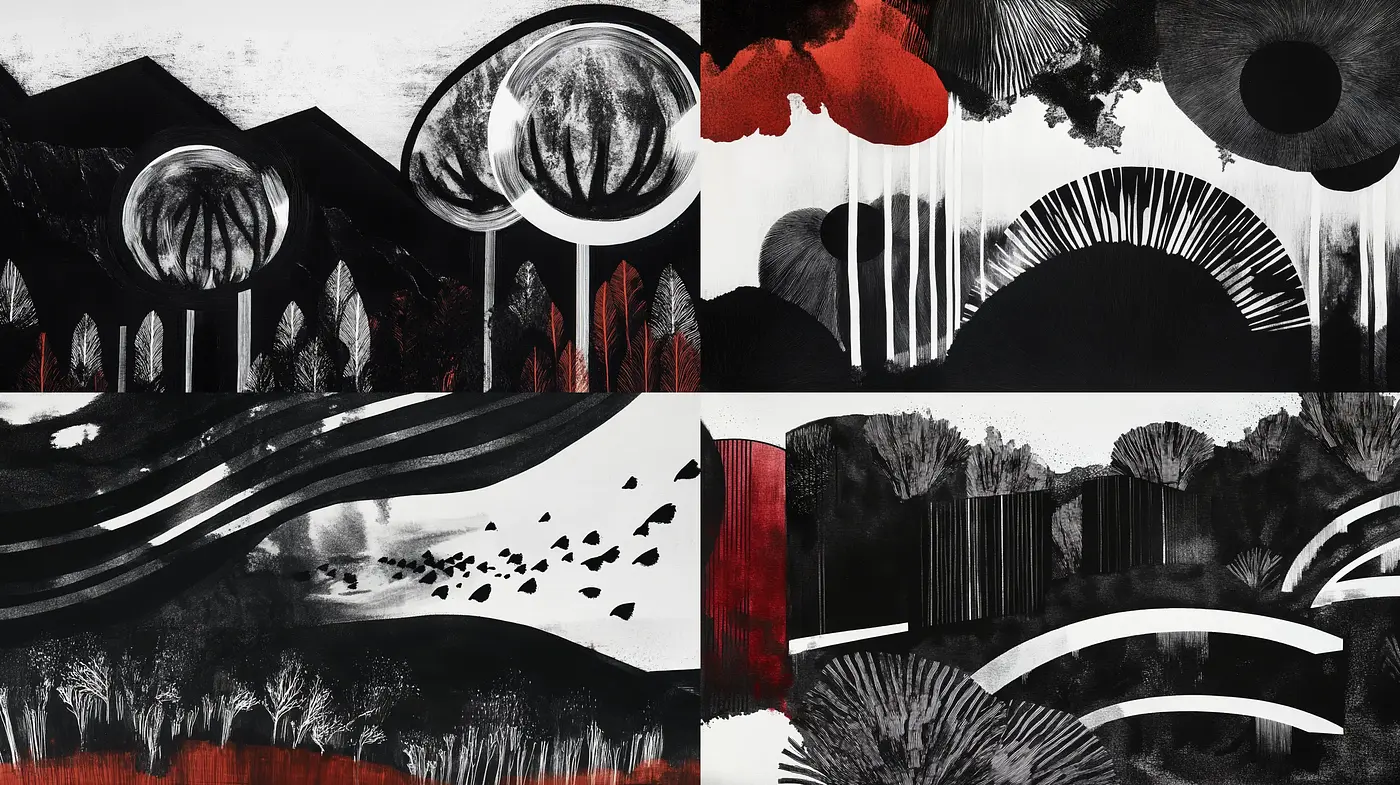 Monochromatic Elegance with Dramatic Red Accents - Midjourney sref style