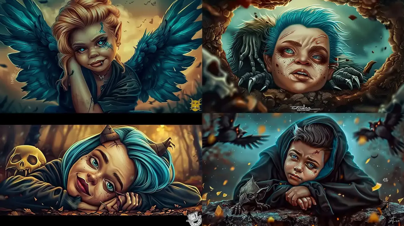 Whimsical yet dark character illustrations with ethereal qualities - Midjourney sref style