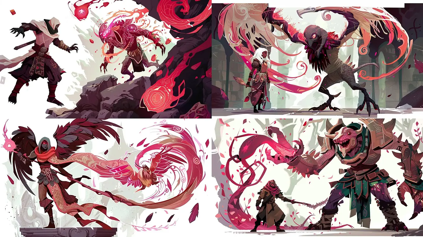 Ethereal Crimson Combat: A Dance of Warriors and Beasts in Stylized Brushstrokes - Midjourney sref style
