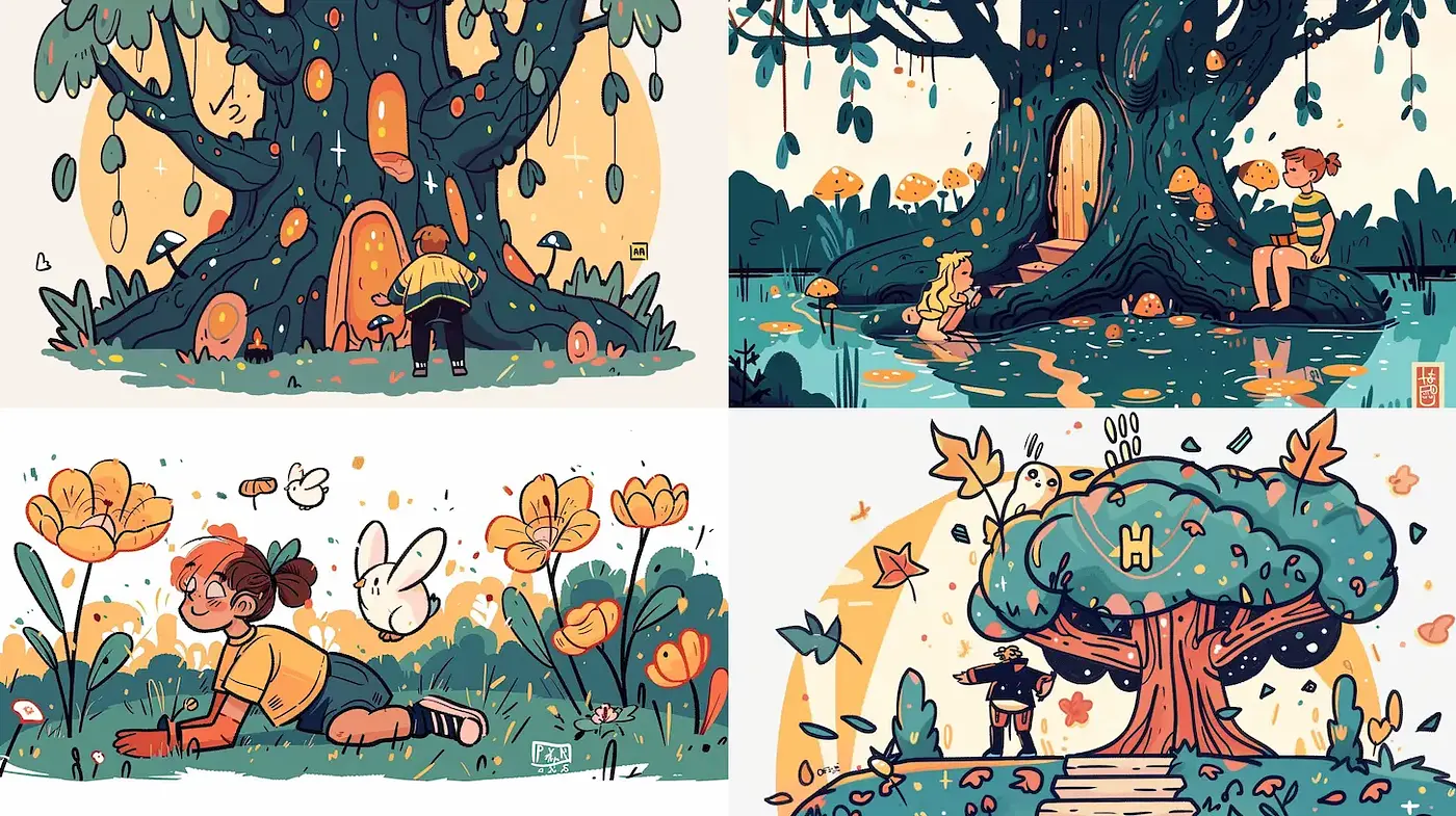 Whimsical Illustrated Scenes with Playful Nature Themes - Midjourney sref style