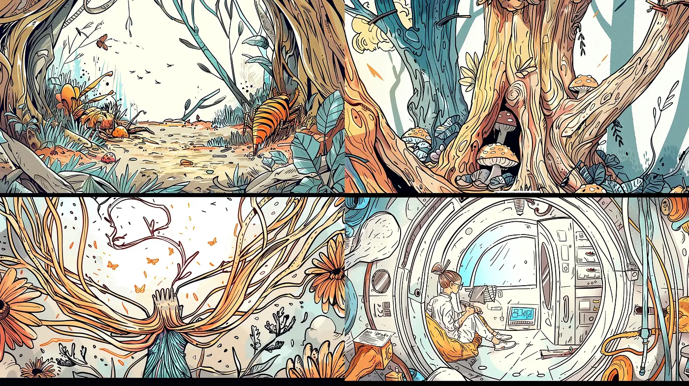 Whimsical Nature and Space Fusion with Pen-and-Ink Textures - Midjourney sref style