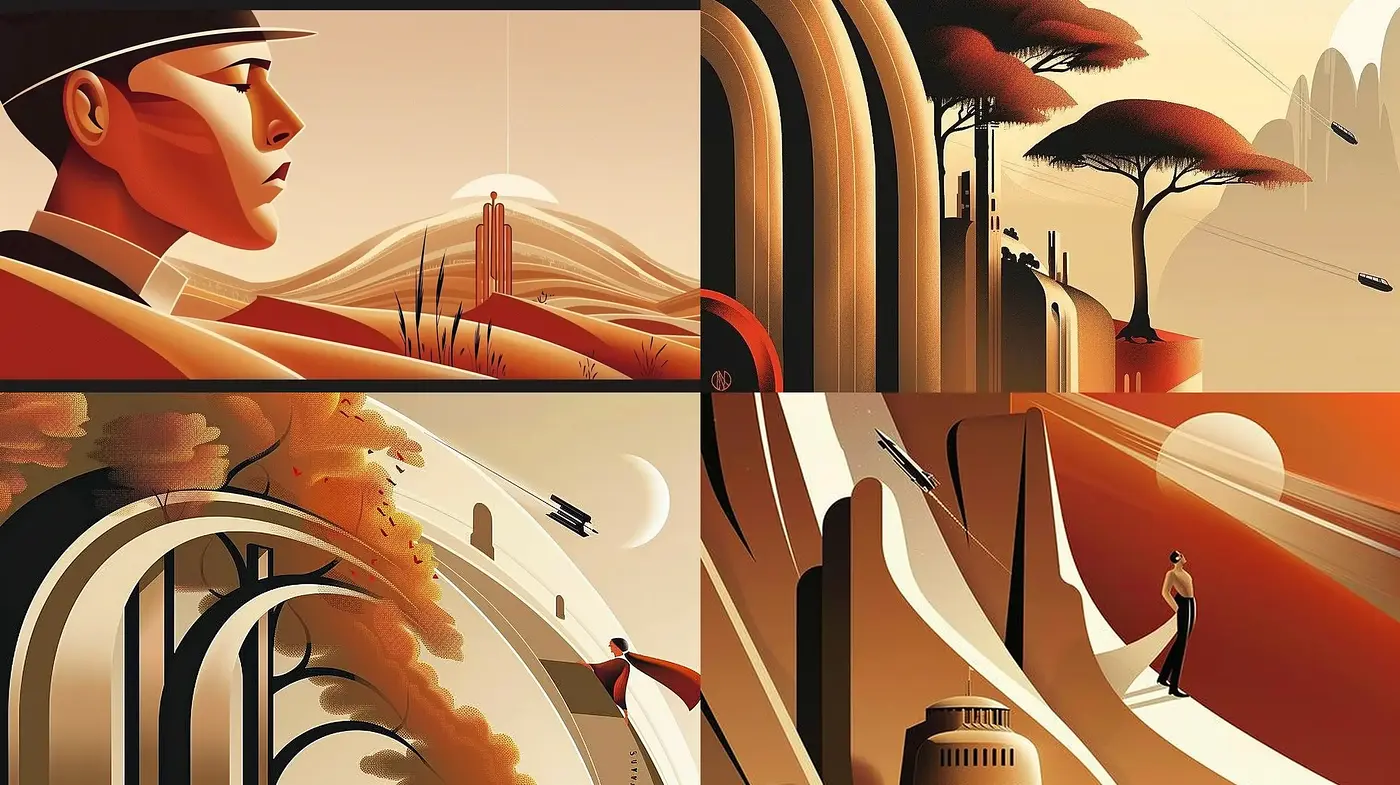 Abstracted Retro-Futurist Dreamscape Illustrations - Midjourney sref style