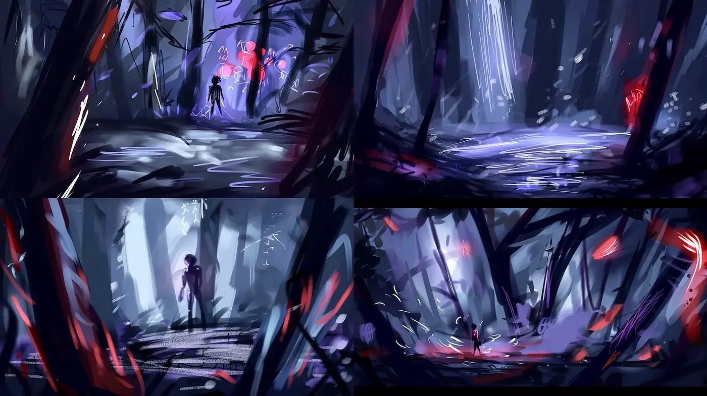 Dark, ethereal forest explorations with vivid contrasts - Midjourney sref style