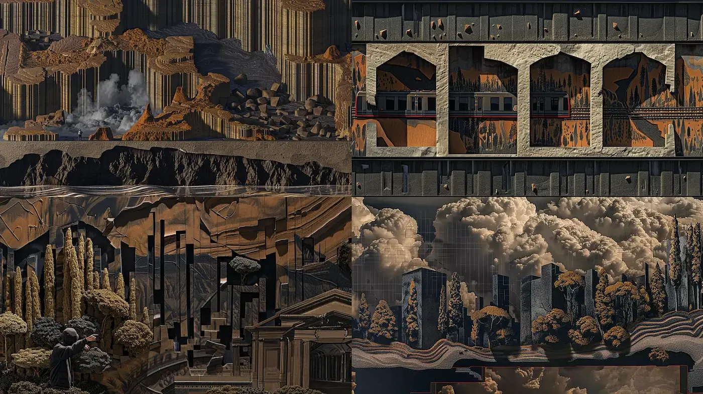 Dramatic and Textured Surreal Architecture with Earthy Tones - Midjourney sref style