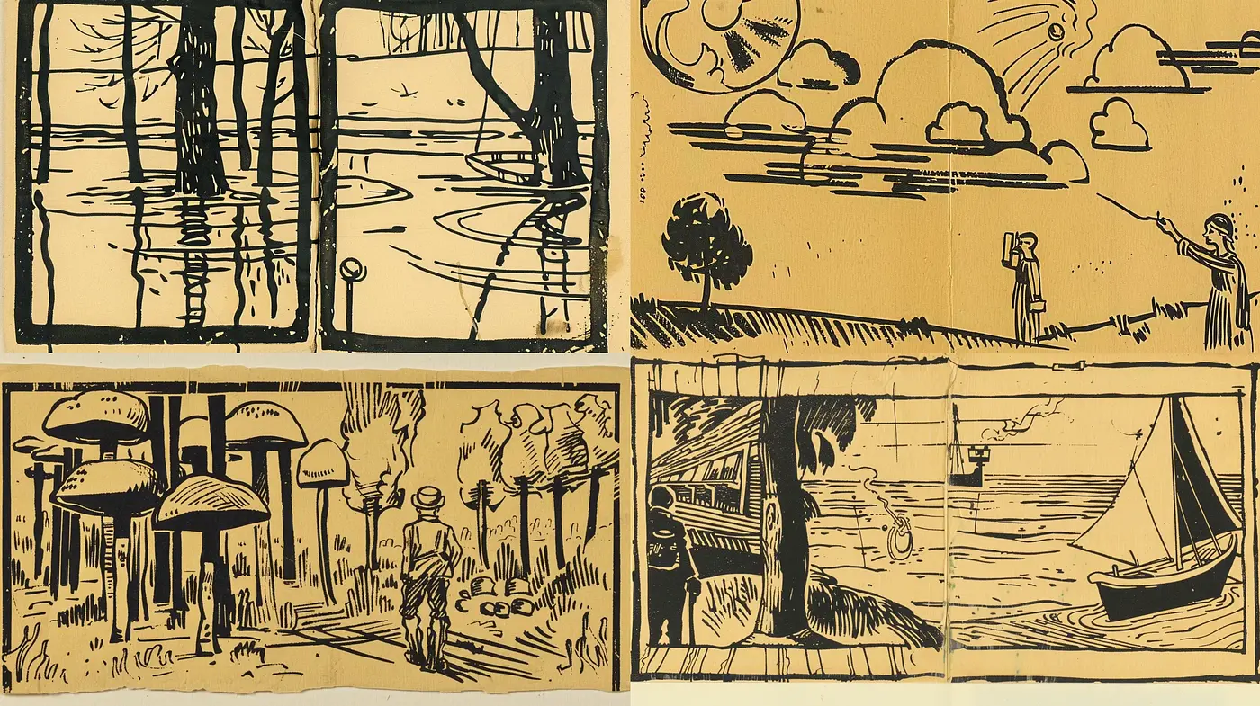 Monochromatic Sepia-Toned Woodcut Narrative Vignettes - Midjourney sref style