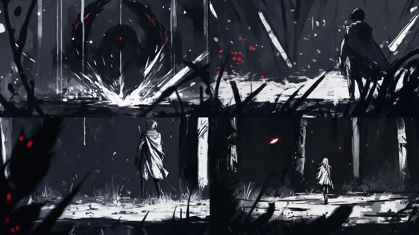 Gritty Monochrome Tableaus with Crimson Accents - Midjourney sref style