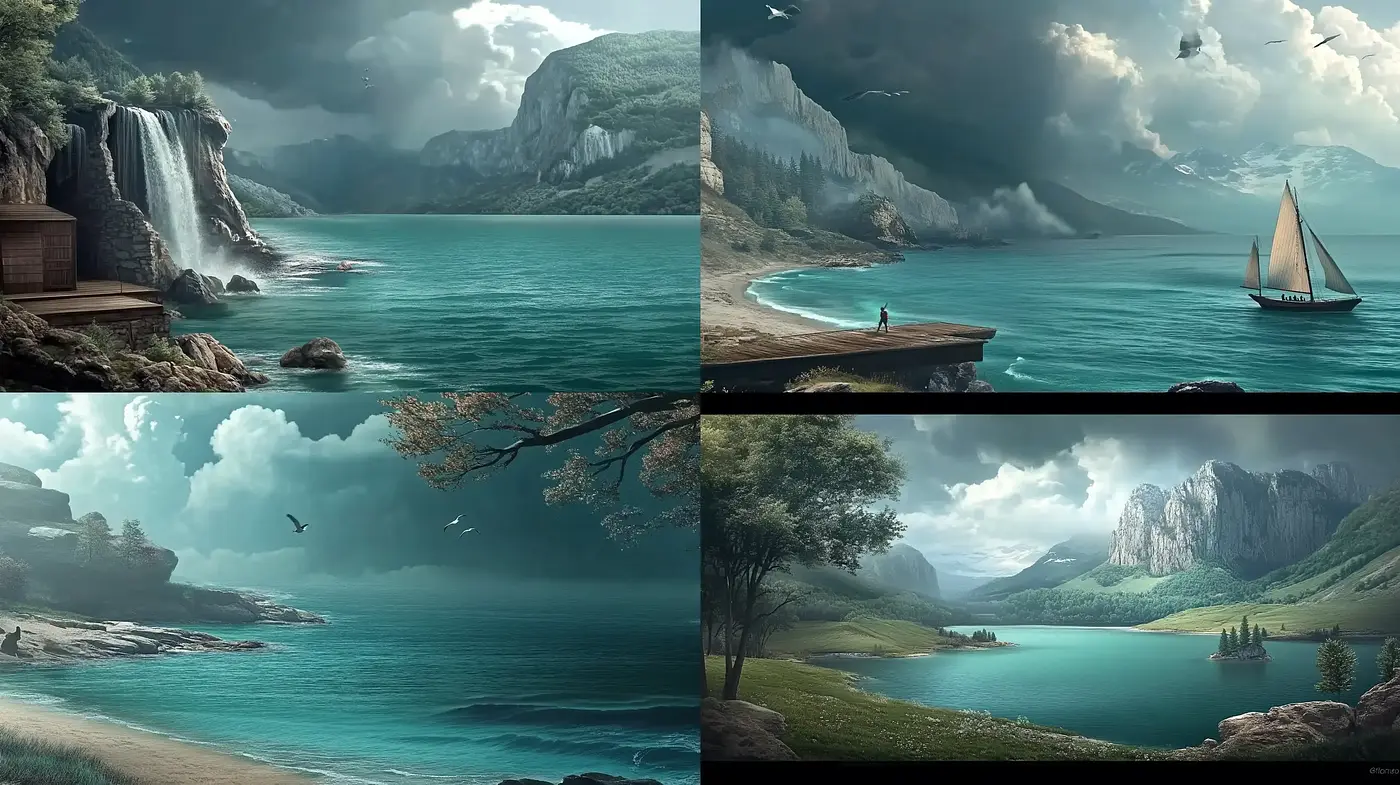 Serene Aquamarine Landscapes: A Study in Tranquil Nature - Midjourney sref style