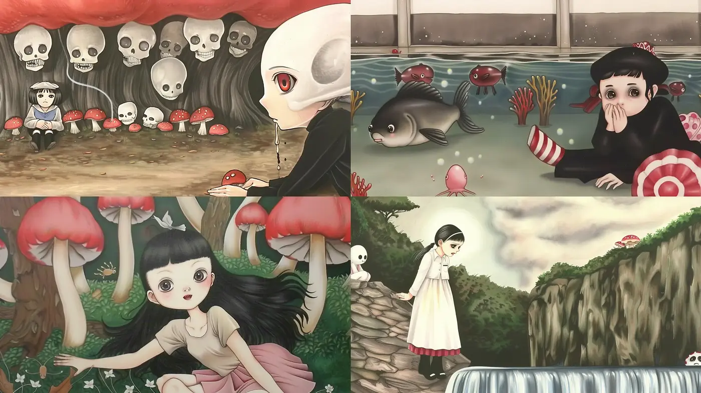 Whimsical Phantasmagoria: A Surreal Blend of Childhood Innocence and Macabre Fantasies - Midjourney sref style