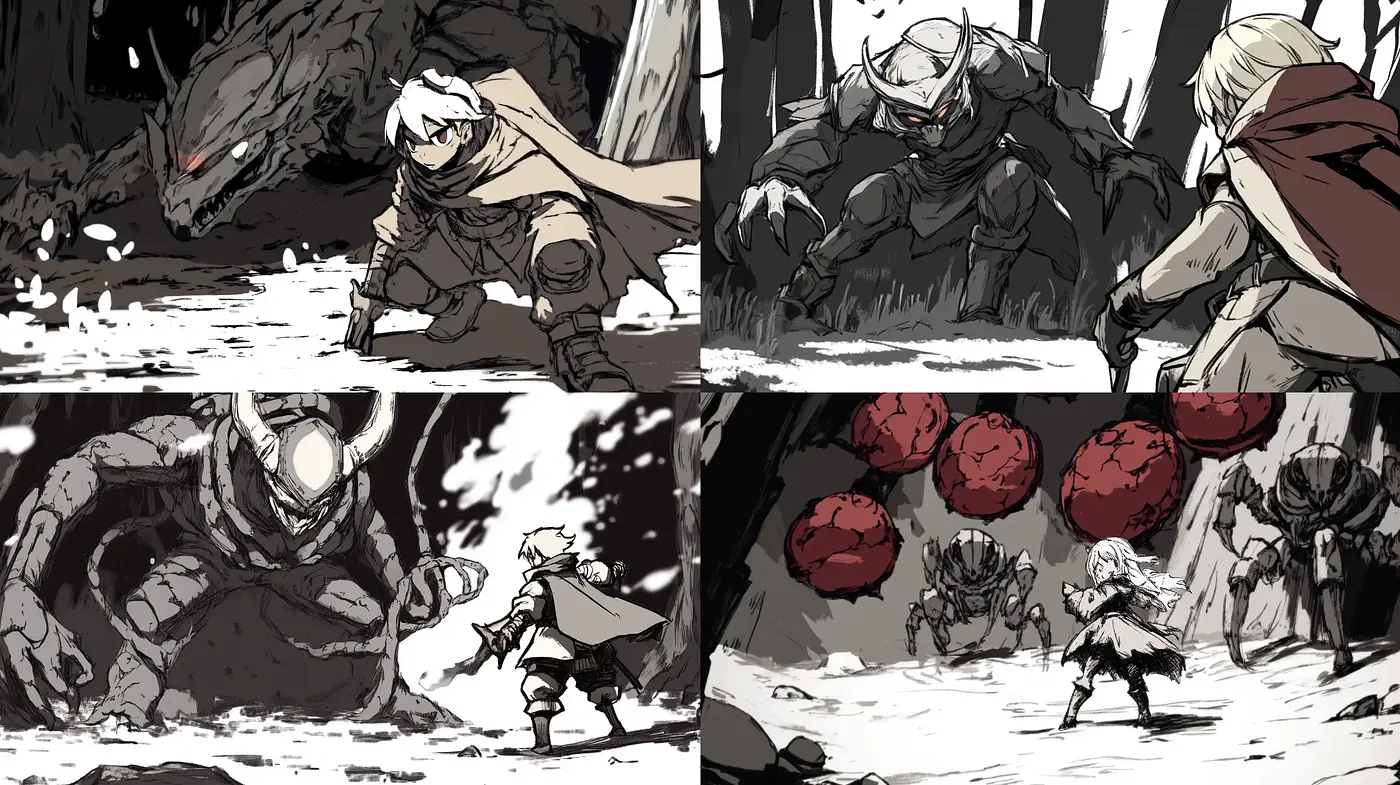 Monochromatic Manga-Inspired Dynamic Illustrations - Midjourney sref style