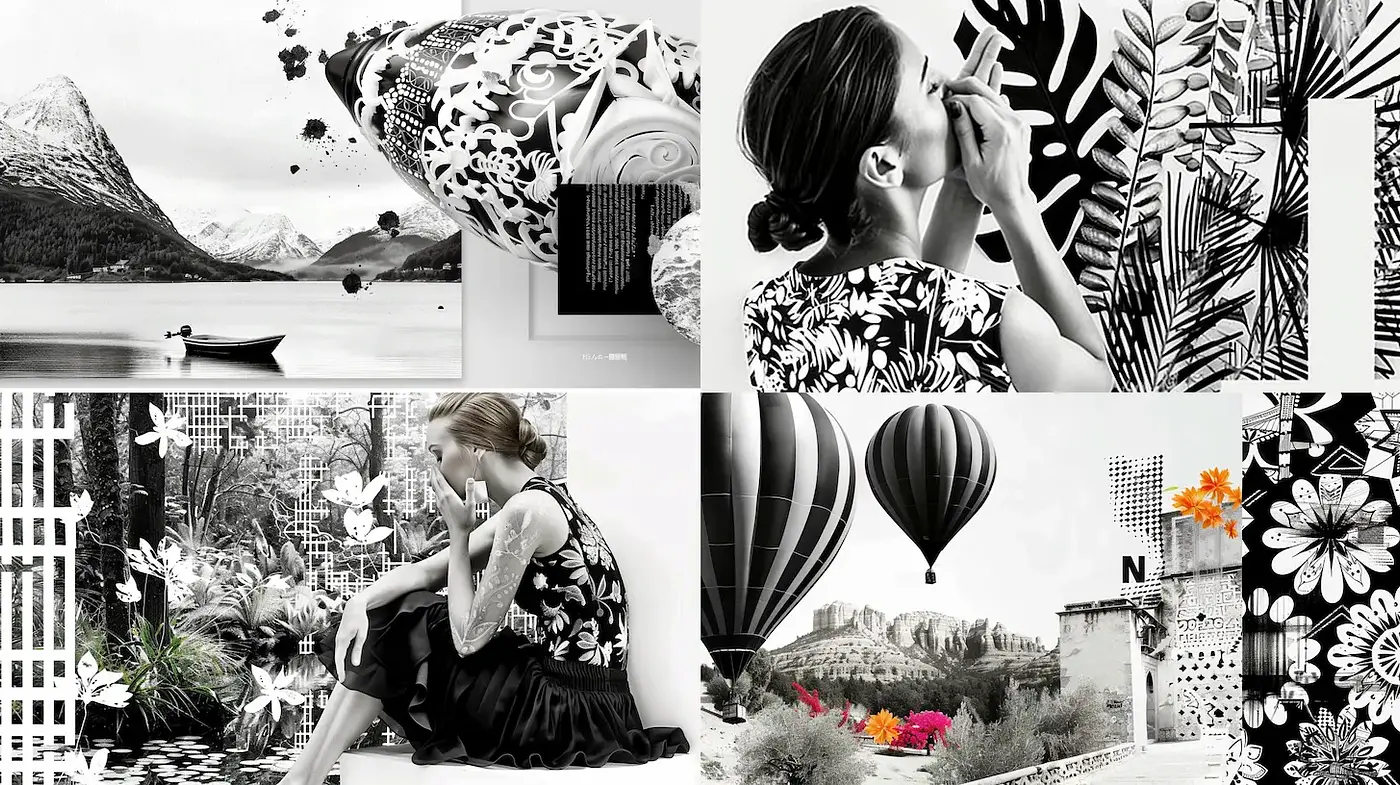 Monochromatic Surrealism with Botanical Motifs and Vintage Aesthetic - Midjourney sref style