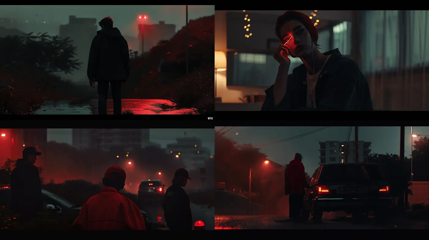 Atmospheric Nocturne: Cinematic Mood in a Palette of Deep Reds and Dark Contrasts - Midjourney sref style