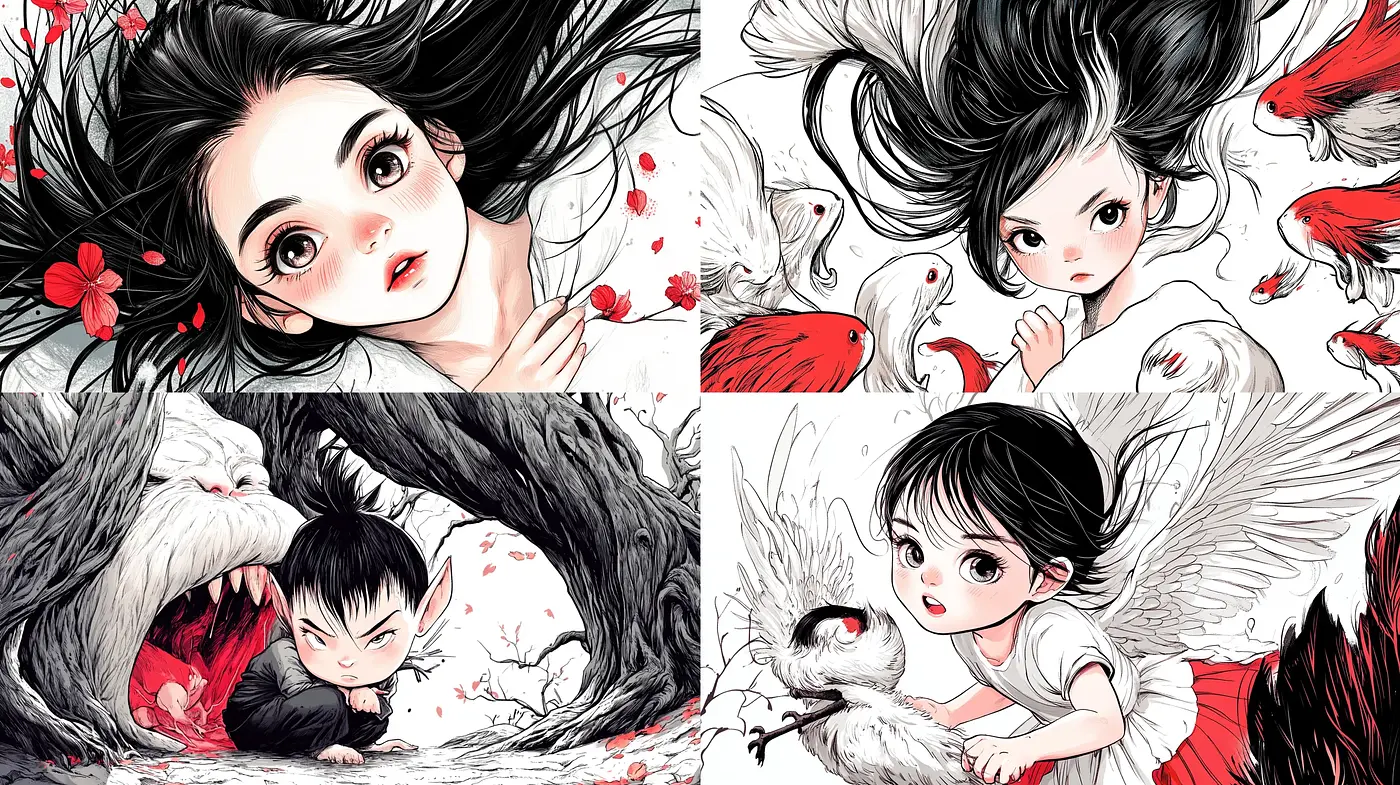 Ethereal Anime-Inspired Visions with a Dynamic Red and Black Contrast - Midjourney sref style