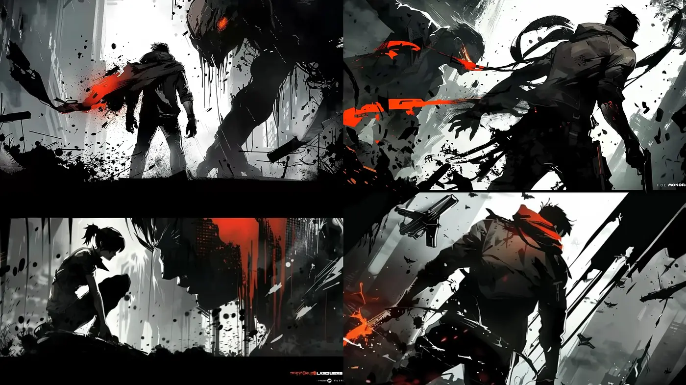 Dynamic Grayscale Splatter with Red Accent Art Style - Midjourney sref style