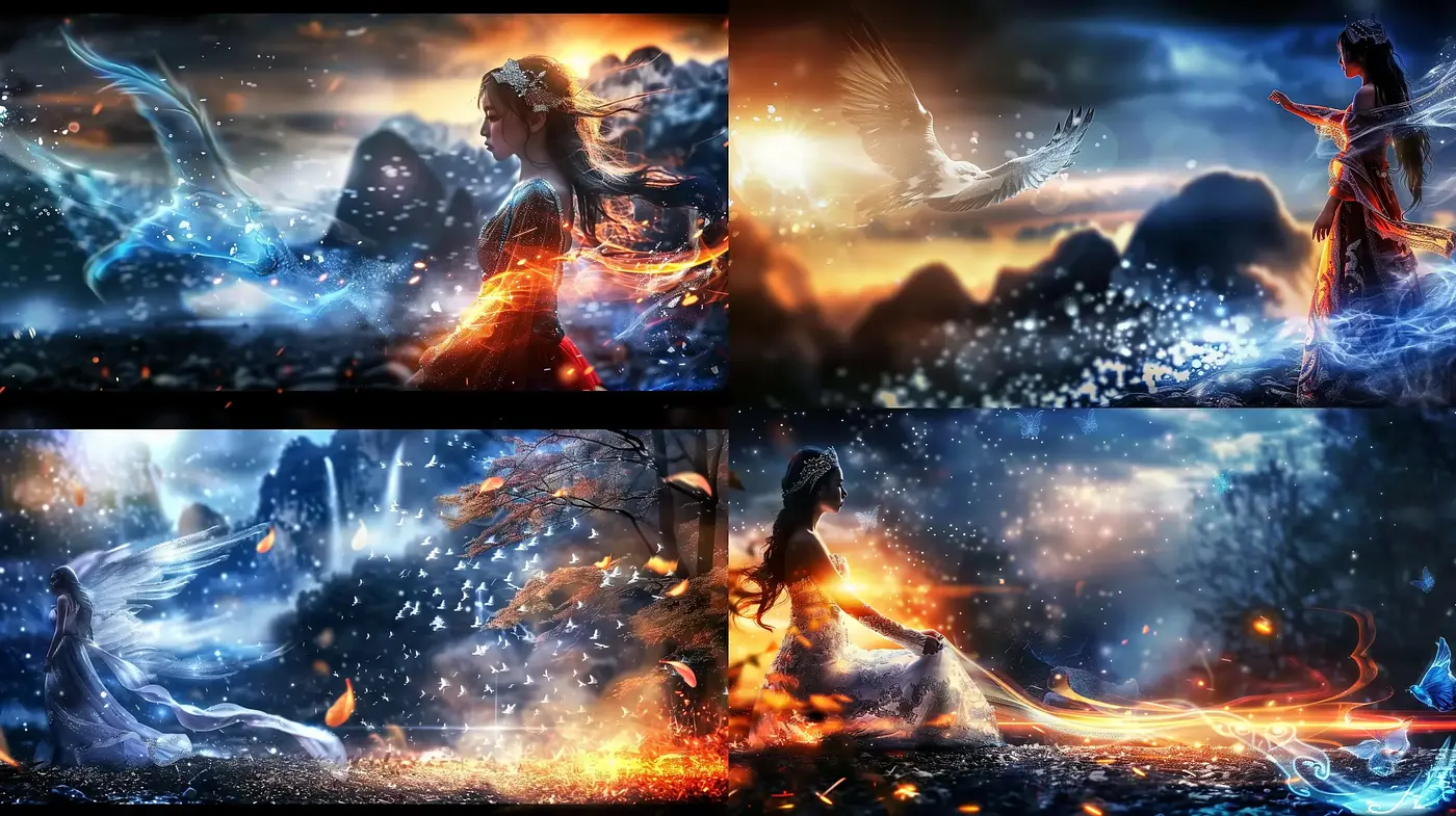 Ethereal Dreamscapes with Dynamic Elemental Interplay - Midjourney sref style