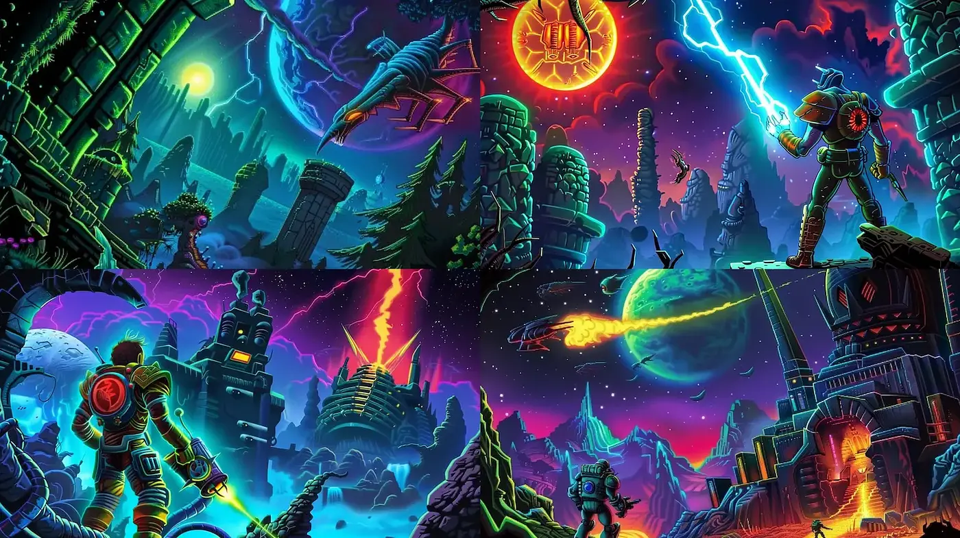 Vivid Retro-Futuristic Space Art with Neon Accents - Midjourney sref style