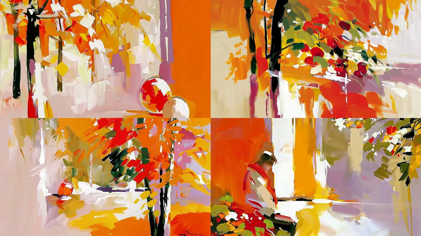 Autumnal Abstraction: An Exploration of Vivid Color Contrasts and Dynamic Brushwork - Midjourney sref style