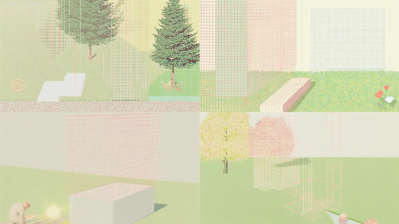 Contemporary geometric landscapes with soft pastel tones - Midjourney sref style