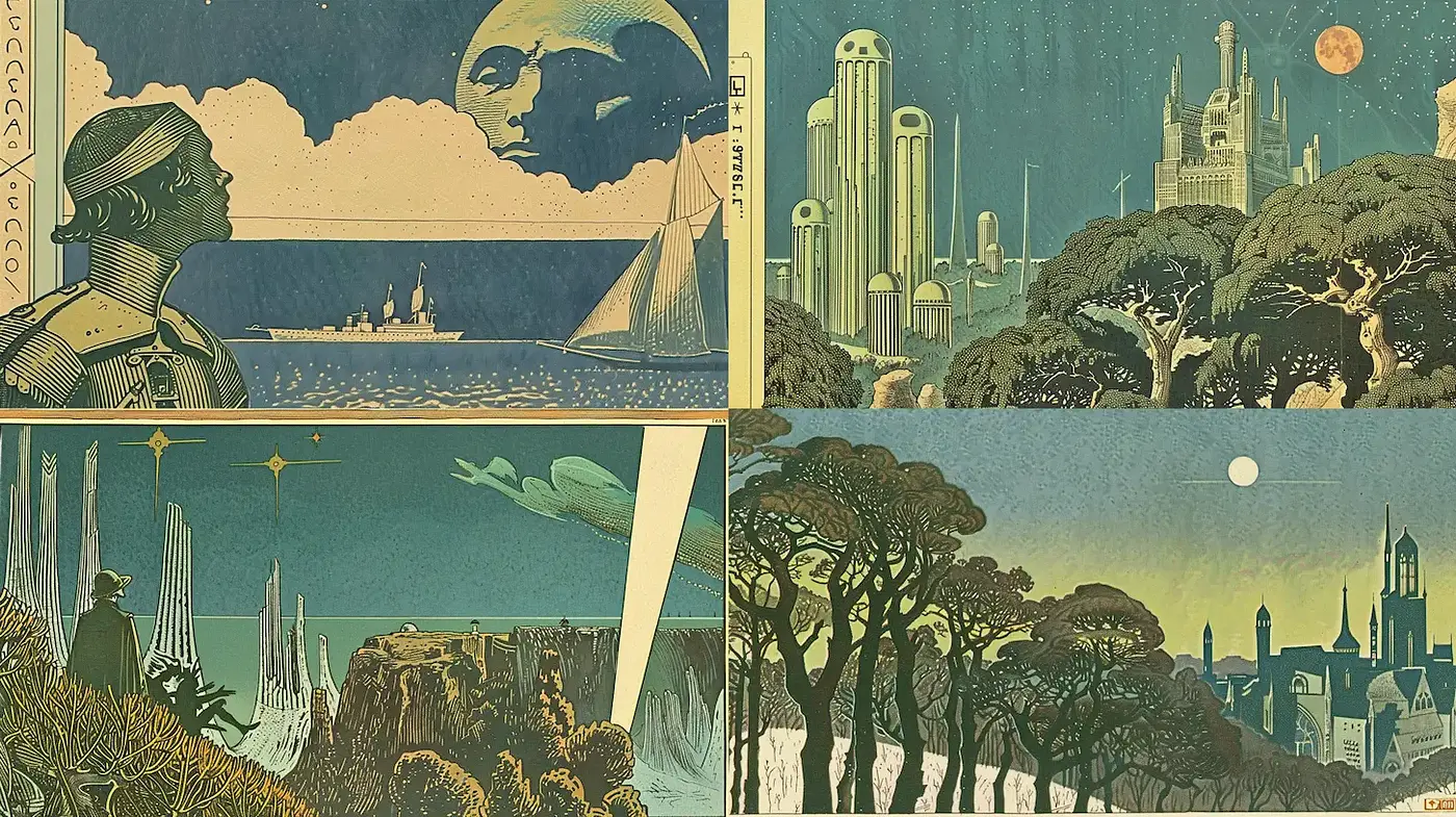 Futuristic Vintage Art Styles with Surreal Elements - Midjourney sref style