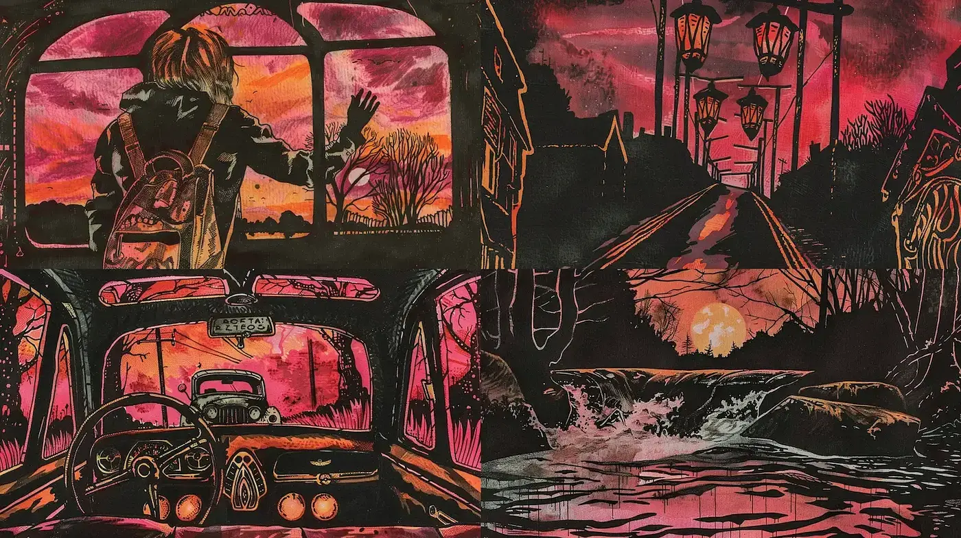 Eerie and nostalgic depiction of twilight landscapes with expressive line work - Midjourney sref style