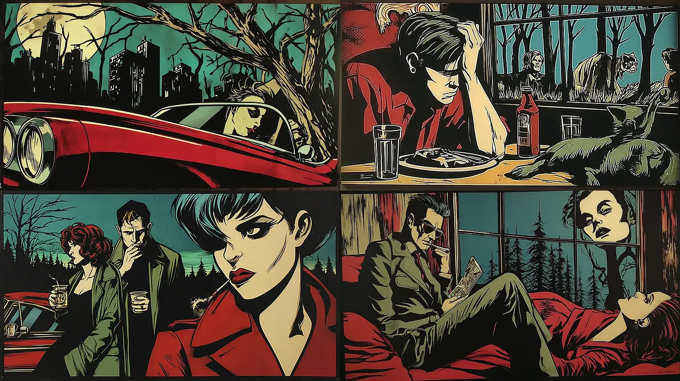 Dynamic and Gritty Noir-Inspired Visual Storytelling - Midjourney sref style