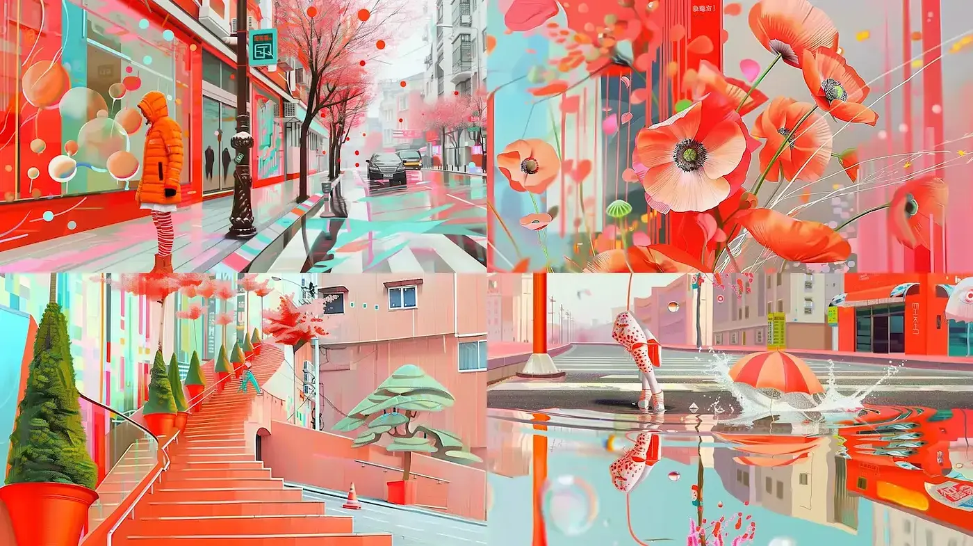 Vibrant and Surreal Urban Landscapes with Floral and Geometric Elements - Midjourney sref style