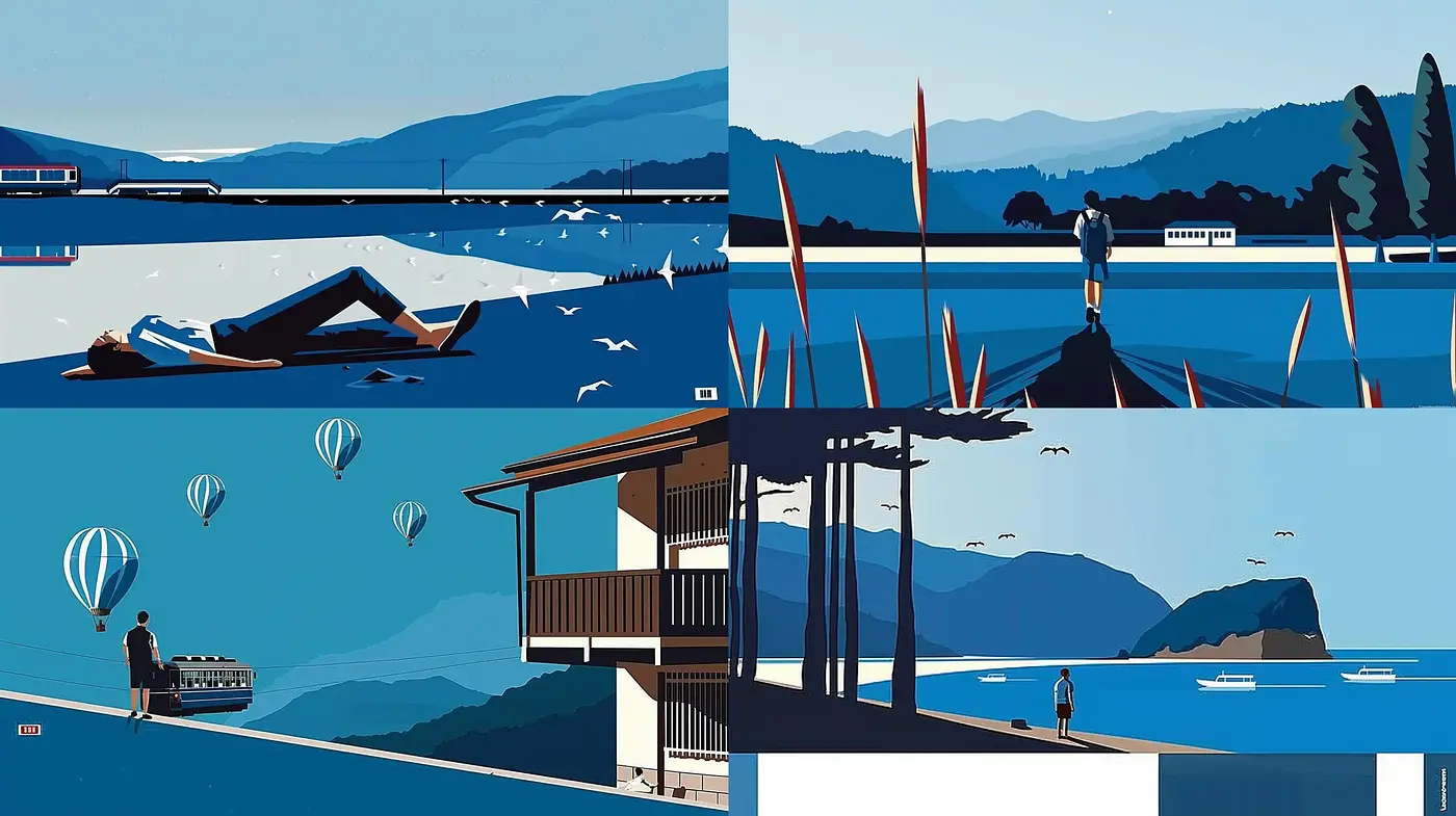 Serene Aquatic Panoramas in Stylized Geometric Precision - Midjourney sref style