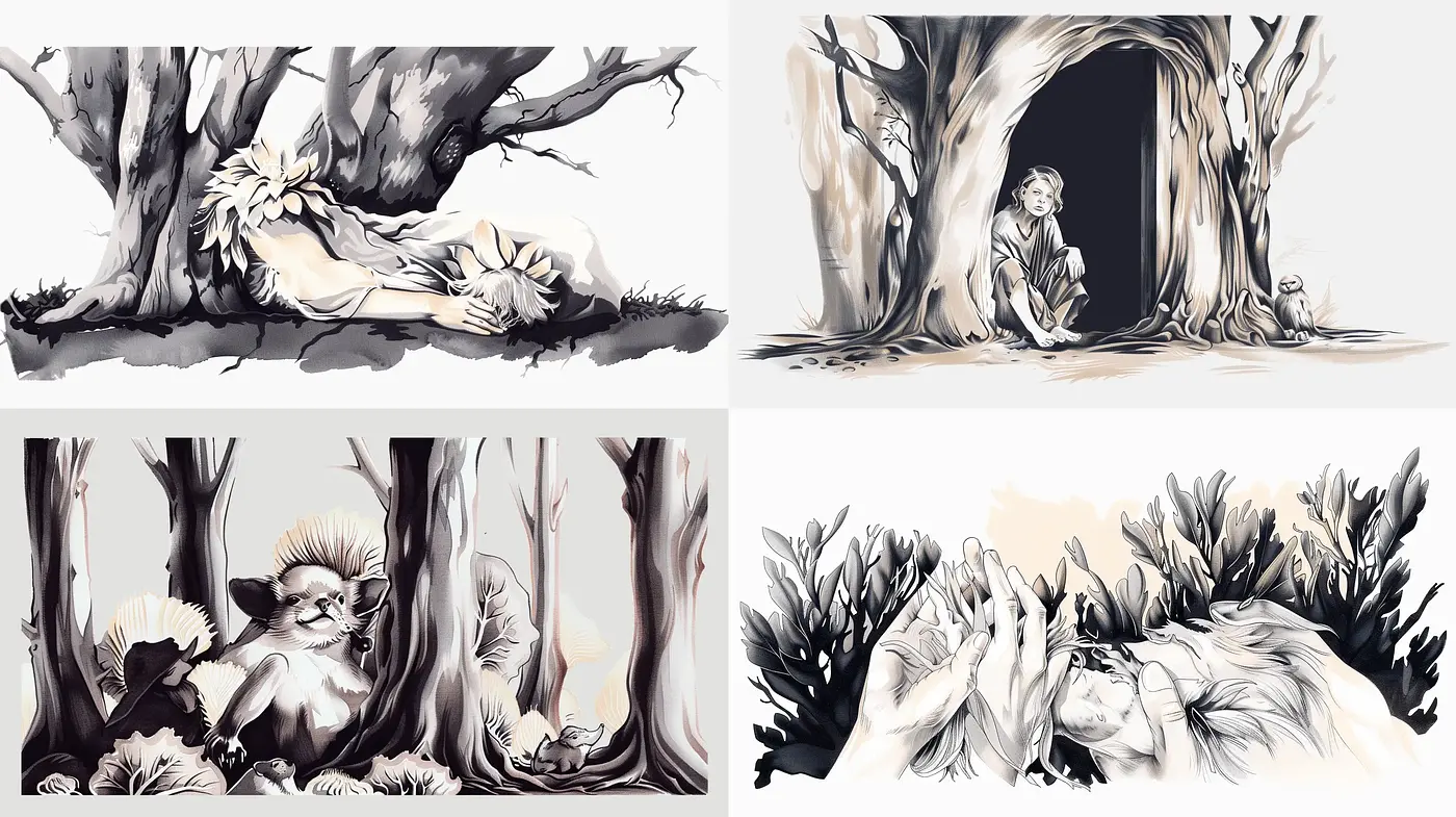 Monochromatic Whispers of Enchanted Woods - Midjourney sref style