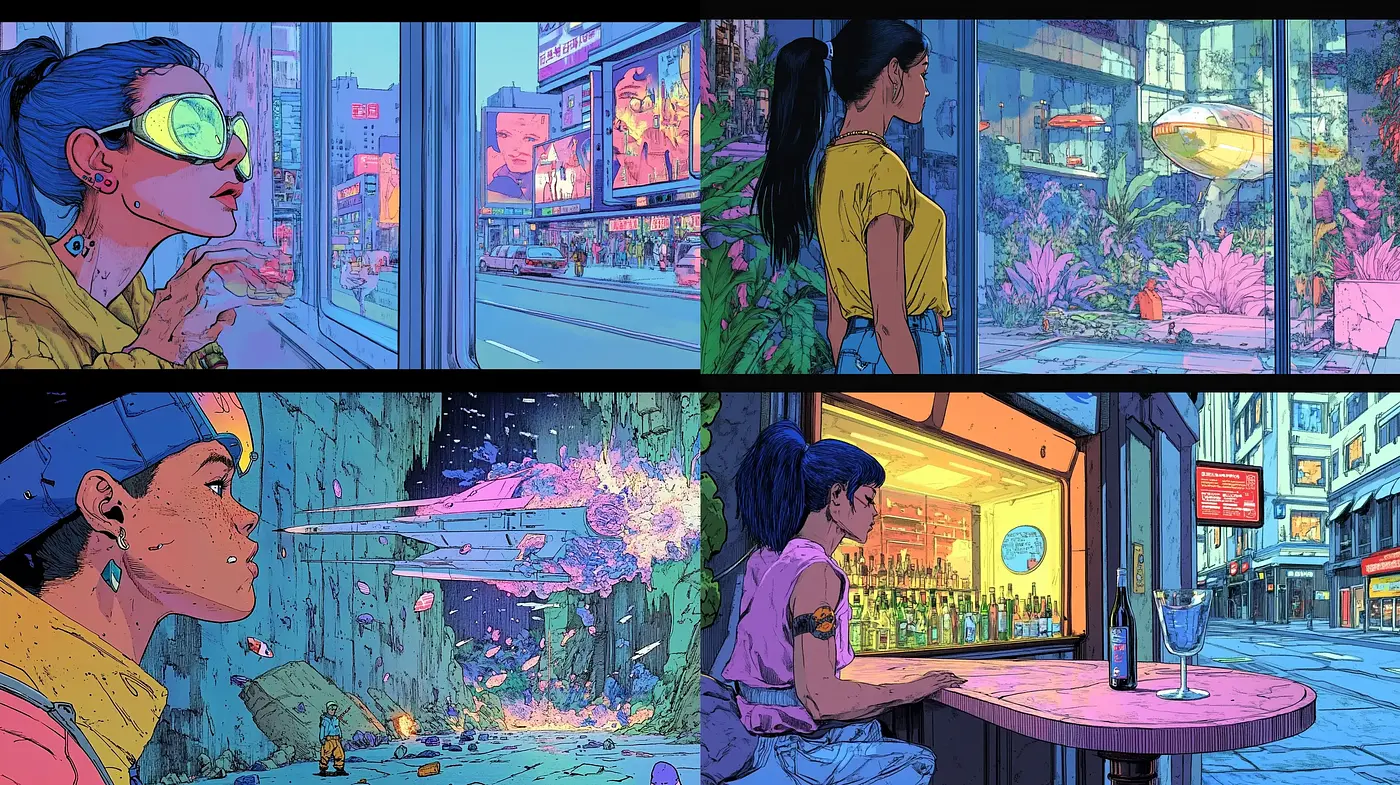 Neon-Noir Comic Verve: A Fusion of Vibrant Cyberpunk Aesthetics and Graphic Novel Contours - Midjourney sref style