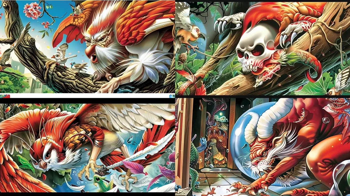 Vibrant Mythological Mosaic: A Study in Dynamic Fantasy Illustration - Midjourney sref style