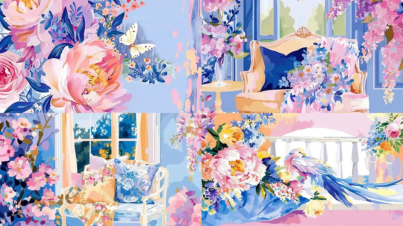 Serene Blossom: A Tranquil Fusion of Pastel Florals and Vintage Ambiance - Midjourney sref style