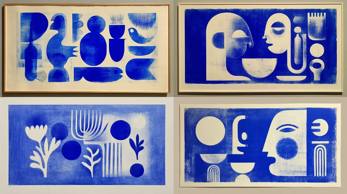 Geometric abstraction with a modernist influence in a unified blue palette - Midjourney sref style
