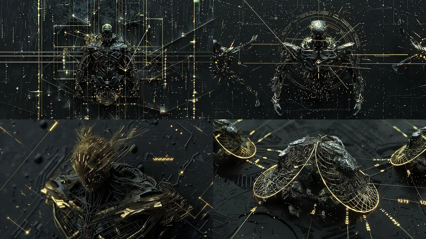 Futuristic and intricate digital art exploration with metallic textures - Midjourney sref style