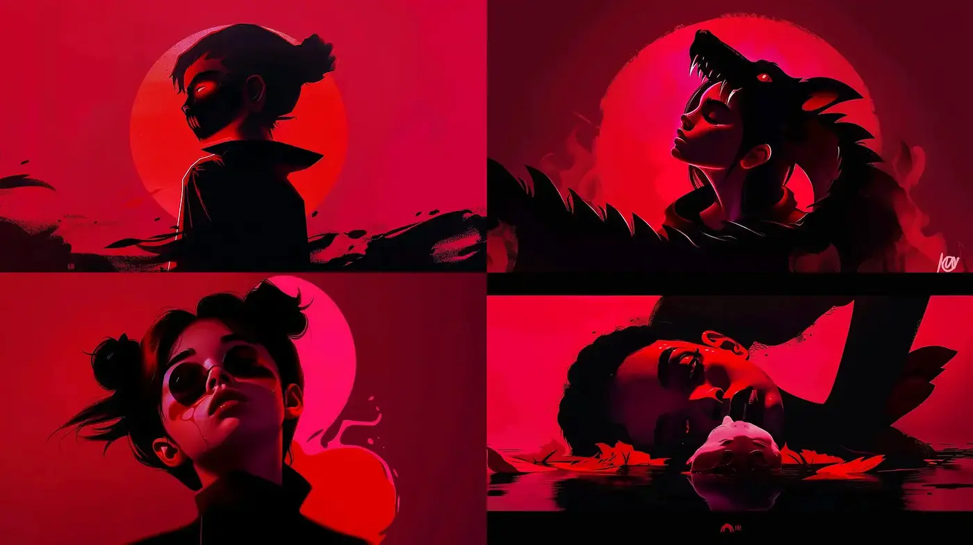 Dynamic and expressive digital illustrations with a dark theme - Midjourney sref style