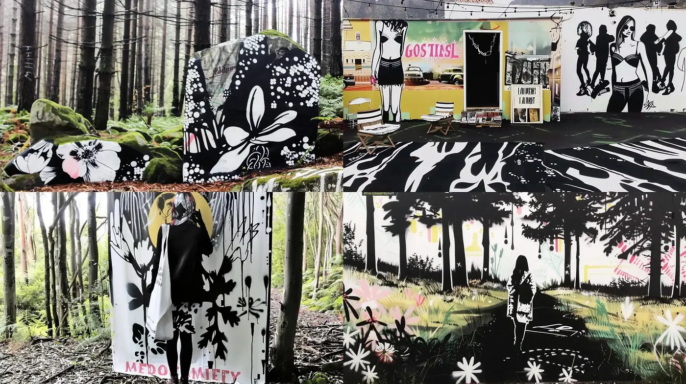 Contemporary Forest Fusion with Monochromatic Pop Art Overtones - Midjourney sref style