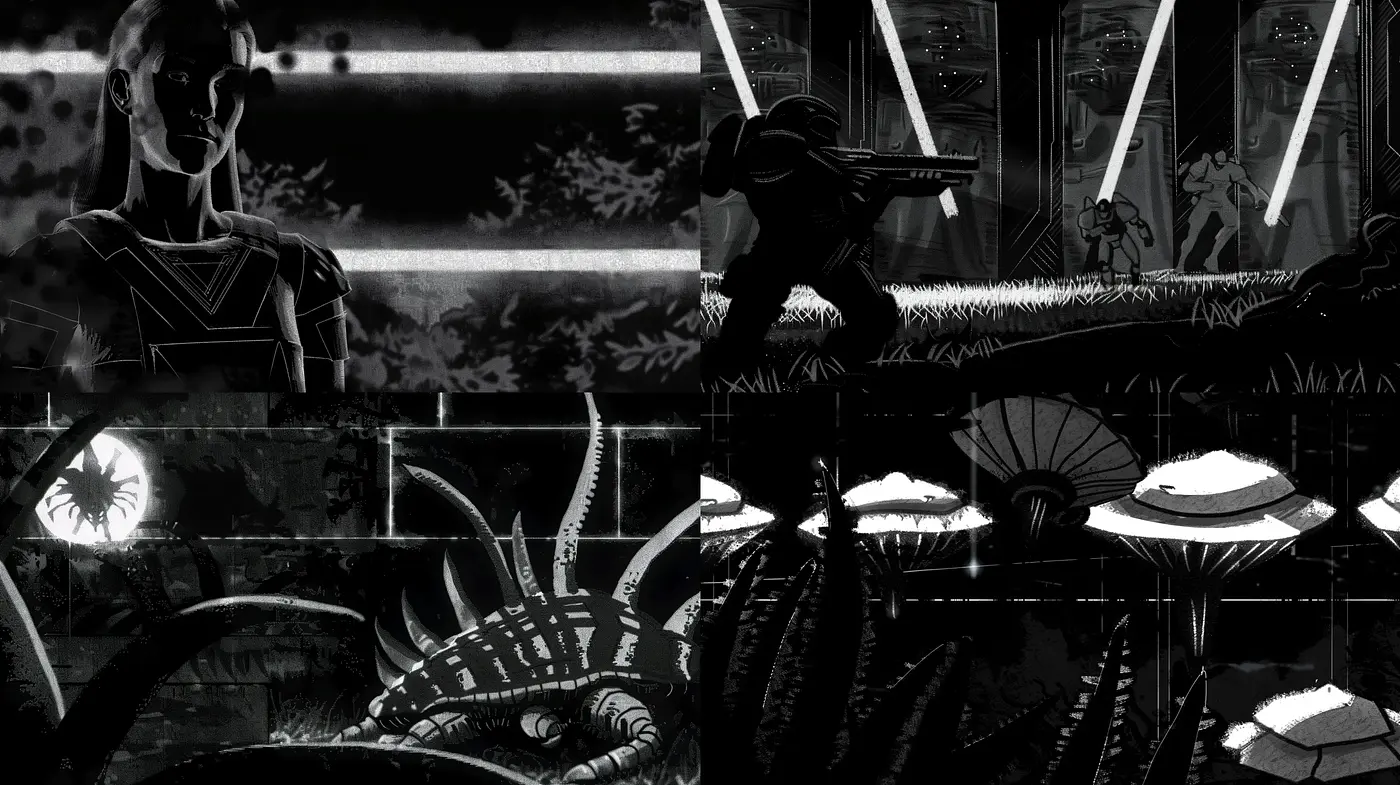 Noir-Inspired Monochromatic Dreamscape - Midjourney sref style