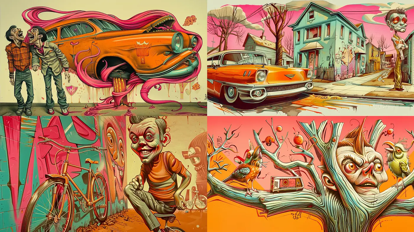 Eccentric Vibrancy: A Fusion of Caricature and Surrealism with a Retro Twist - Midjourney sref style
