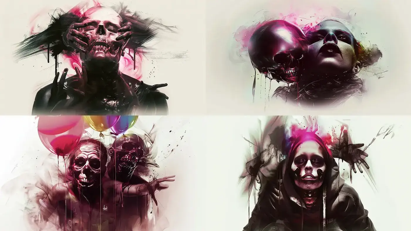 Eerie and expressive digital art with a surreal blend of human and skull motifs - Midjourney sref style