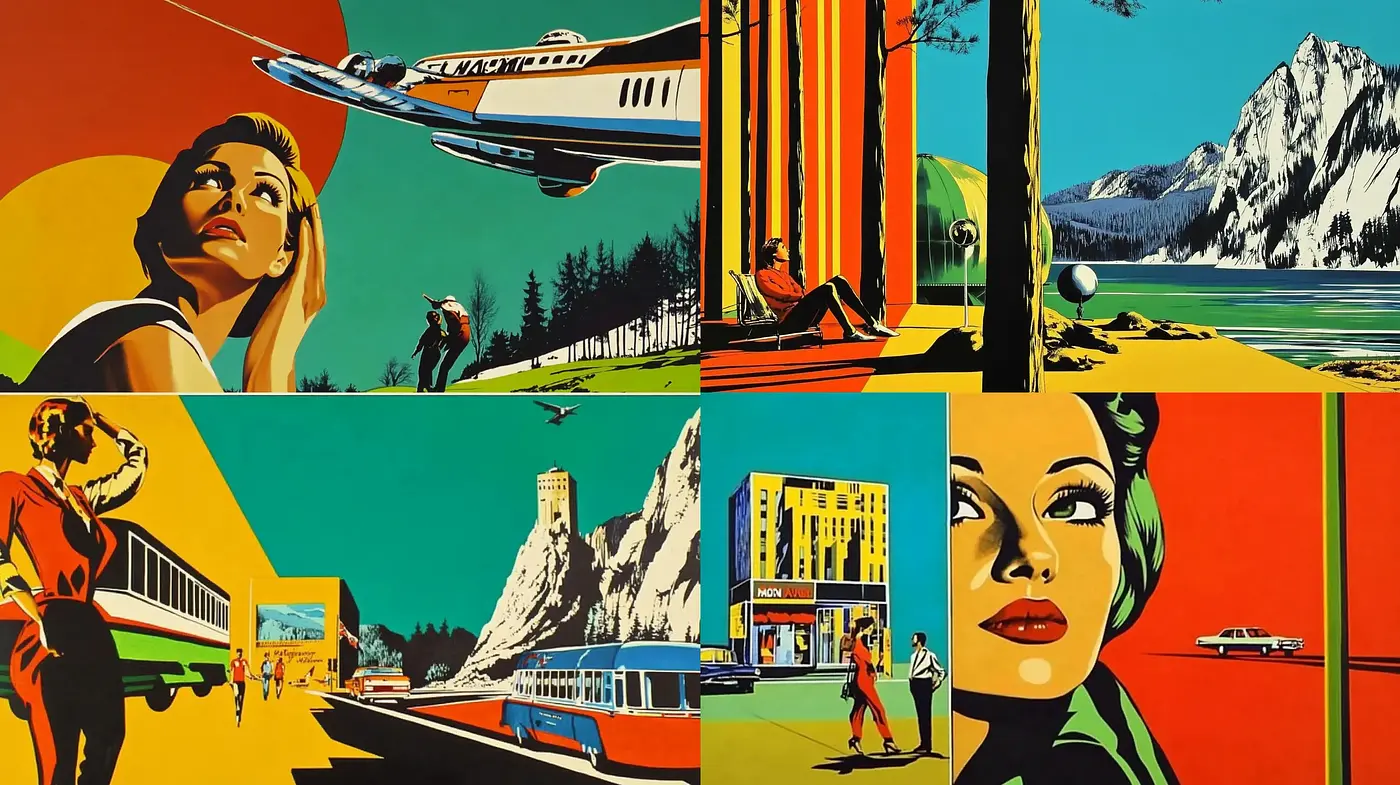Retro Futuristic Travel Elegance in Saturated Hues - Midjourney sref style